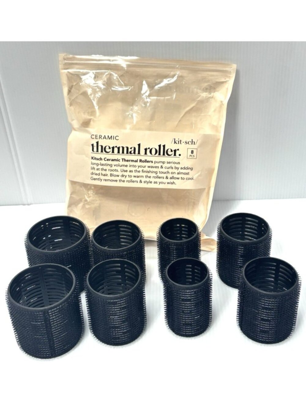 Kitsch Ceramic Thermal Rollers - Black - Set of 8 - New (*Open Bag)